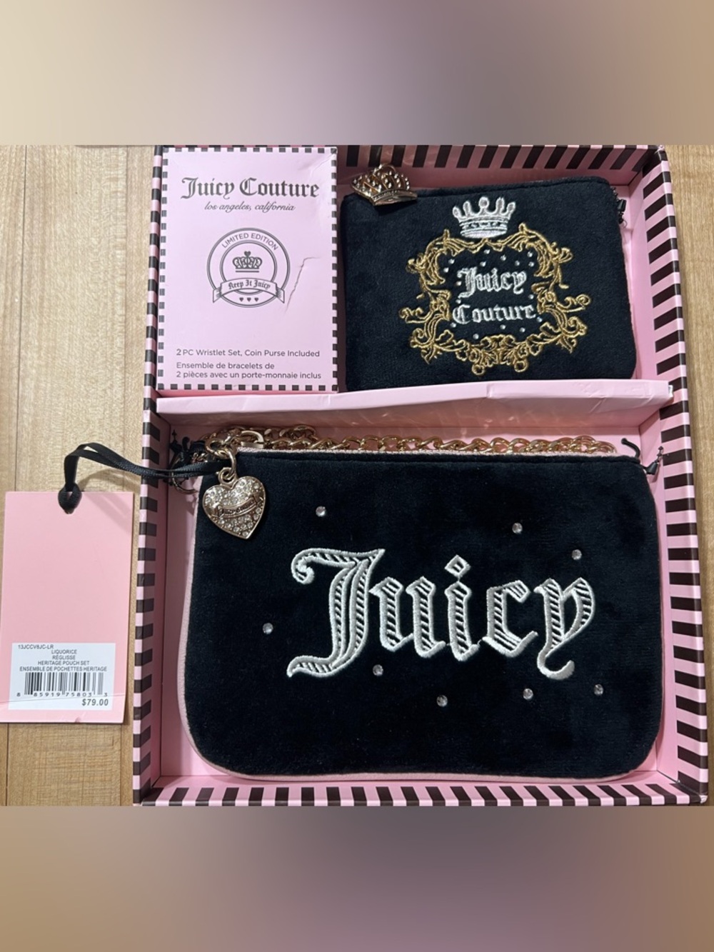Juicy Couture Black Velvet Wristlet and coin purse with Gold Chain & Heart Charm